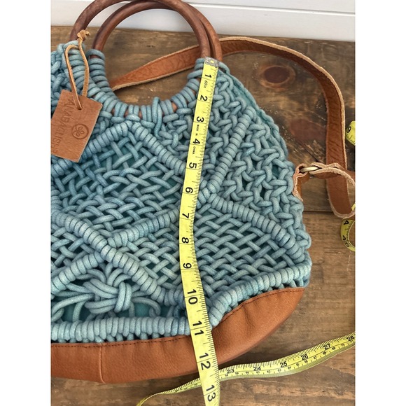 Sundance Anabaglish Teal Blue Macrame Bag Wood Handles Leather Trim Boho Woven - Picture 9 of 9